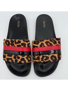 Michael Kors Women's Judd Slide Leopard Black Brown Calf Hair Size 10M Mob Wife